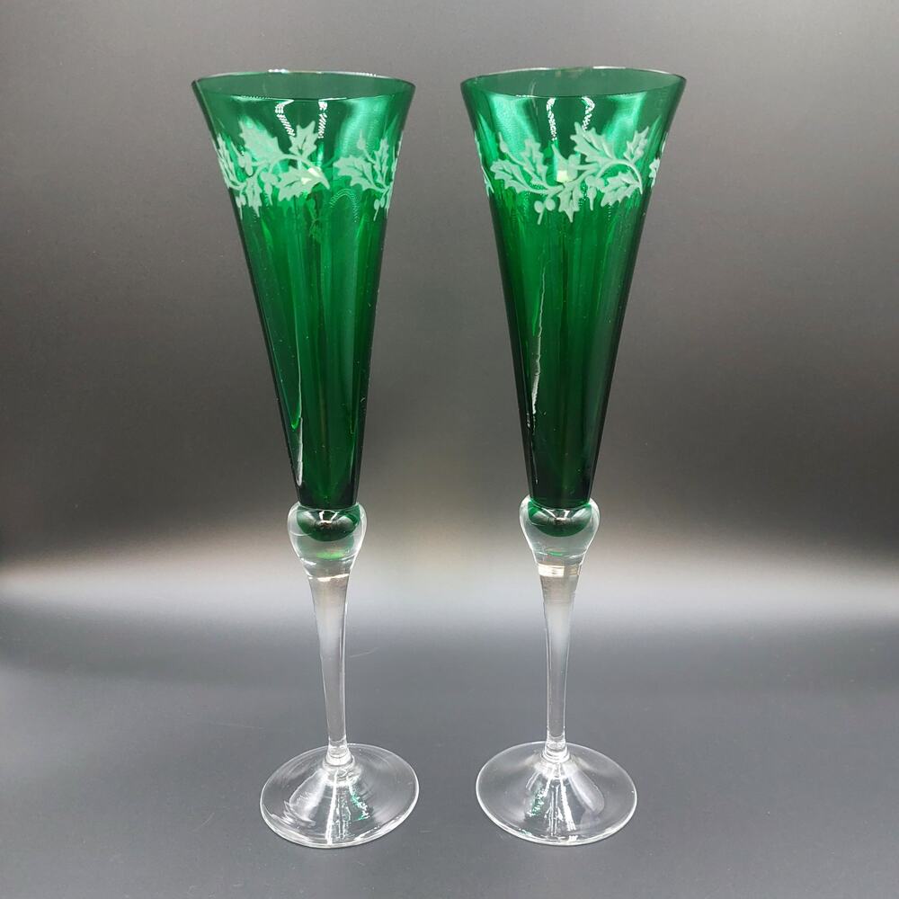 Lenox Holiday Gems Emerald Champagne Flutes Etched Holly Leaf Toasting Glass